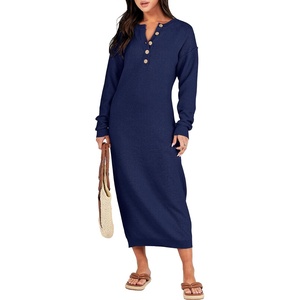 image:imageANRABESS Women Long Sleeve Button V Neck Oversized Casual Loose Fit Waffle Knit Fall Midi Sweater Dress 2026 Trendy OutfitsNavy Blue