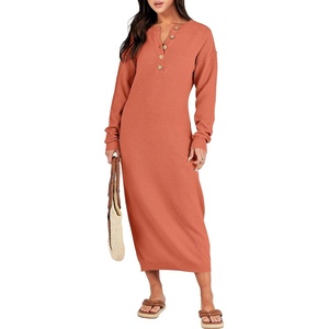 image:imageANRABESS Women Long Sleeve Button V Neck Oversized Casual Loose Fit Waffle Knit Fall Midi Sweater Dress 2026 Trendy OutfitsOrange