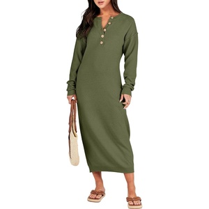 image:imageANRABESS Women Long Sleeve Button V Neck Oversized Casual Loose Fit Waffle Knit Fall Midi Sweater Dress 2026 Trendy OutfitsPea Green