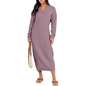 image:imageANRABESS Women Long Sleeve Button V Neck Oversized Casual Loose Fit Waffle Knit Fall Midi Sweater Dress 2026 Trendy OutfitsRed Apricot
