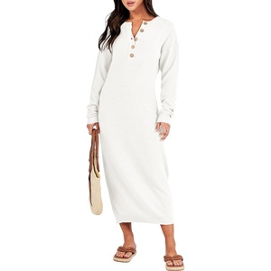 image:imageANRABESS Women Long Sleeve Button V Neck Oversized Casual Loose Fit Waffle Knit Fall Midi Sweater Dress 2026 Trendy OutfitsWhite