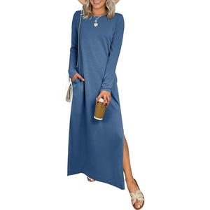 image:imageANRABESS Women Long Sleeve Dresses 2026 Fall Casual Crewneck Loose Fit Split Flowy WrinkleFree Travel Vacation Maxi DressDeep Blue