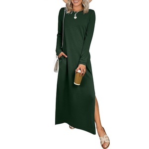 image:imageANRABESS Women Long Sleeve Dresses 2026 Fall Casual Crewneck Loose Fit Split Flowy WrinkleFree Travel Vacation Maxi DressDeep Green
