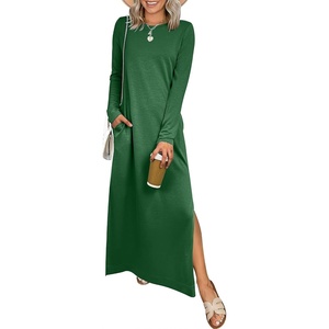 image:imageANRABESS Women Long Sleeve Dresses 2026 Fall Casual Crewneck Loose Fit Split Flowy WrinkleFree Travel Vacation Maxi DressForest Green
