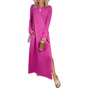 image:imageANRABESS Women Long Sleeve Dresses 2026 Fall Casual Crewneck Loose Fit Split Flowy WrinkleFree Travel Vacation Maxi DressHot Pink