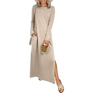 image:imageANRABESS Women Long Sleeve Dresses 2026 Fall Casual Crewneck Loose Fit Split Flowy WrinkleFree Travel Vacation Maxi DressKhaki
