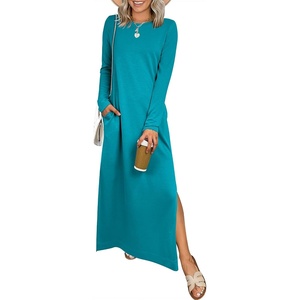 image:imageANRABESS Women Long Sleeve Dresses 2026 Fall Casual Crewneck Loose Fit Split Flowy WrinkleFree Travel Vacation Maxi DressLake Blue