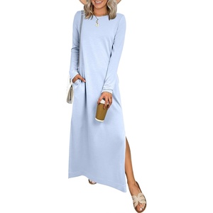 image:imageANRABESS Women Long Sleeve Dresses 2026 Fall Casual Crewneck Loose Fit Split Flowy WrinkleFree Travel Vacation Maxi DressLight Blue