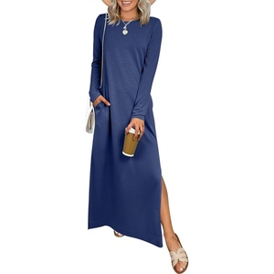 image:imageANRABESS Women Long Sleeve Dresses 2026 Fall Casual Crewneck Loose Fit Split Flowy WrinkleFree Travel Vacation Maxi DressNavy Blue