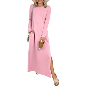 image:imageANRABESS Women Long Sleeve Dresses 2026 Fall Casual Crewneck Loose Fit Split Flowy WrinkleFree Travel Vacation Maxi DressPink