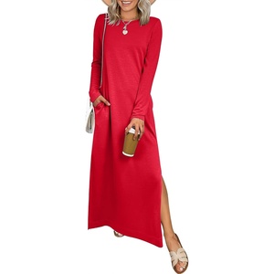 image:imageANRABESS Women Long Sleeve Dresses 2026 Fall Casual Crewneck Loose Fit Split Flowy WrinkleFree Travel Vacation Maxi DressRed