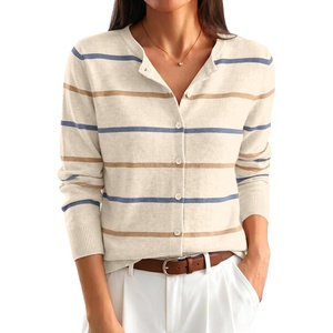 image:imageANRABESS Womens Button Down Lightweight Cardigan Sweaters  Fall Fashion Crew Neck Long Sleeve ShirtsStriped amp Solid Business Casual Outfits Daily Office TravelSpring Layer ClothesBeige Blue Latte Stripe