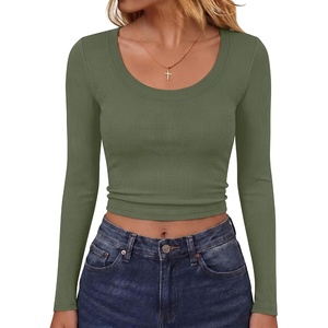 image:imageANRABESS Womens Scoop Neck Fitted Long Sleeve Crop Tops  Comfy Soft Stretch Ribbed T ShirtsSlimBasic Layering TeeCasual Daily Wear Work OutfitsSpring Fall Winter ClothesArmy Green
