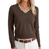 image:imageANRABESS Womens Long Sleeve Cropped Pullover Sweaters  V Neck Scalloped Lightweight Sweater Tops Soft Comfy Business Casual Work Travel Vacation Fall Winter Layer ClothingBrown White