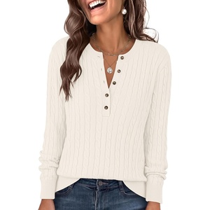 image:imageANRABESS Fall Sweaters for Women Cable Knit Henley V Neck  Long Sleeve Pullover Sweater Tops Half Button Cozy Lightweight Dressy Cute Classic Business Casual Work Winter ClothingWhite