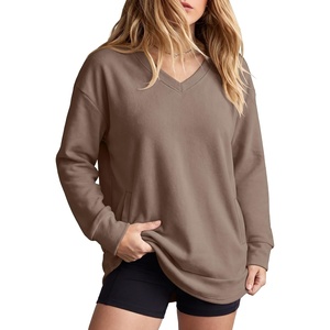 image:imageANRABESS Long Sleeve Shirts for Women Fall V Neck Sweatshirts  Lightweight Fleece Pullover with PocketsCurved Hem TunicLoose Casual Top for Work amp Everyday WearLight Brown