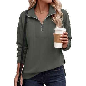 image:imageANRABESS Quarter Zip Loose Long Sleeve Waffle Knit Sweatshirt  Cozy Stretchy Drop Shoulder Ribbed Cuffs Side Slits for Easy Movement Casual Daily to Travel Spring Fall Winter WardrobeArmy Green