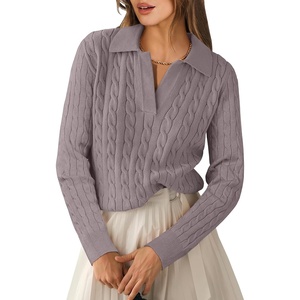 image:imageANRABESS Womens Cable Knit Sweaters Long Sleeve V Neck  Pullover Collared Sweater Tops Polo Knit Shirts Business Casual Work Tennis Golf Fall Winter Fashion OutfitsPurple Taupe