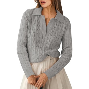 image:imageANRABESS Womens Cable Knit Sweaters Long Sleeve V Neck  Pullover Collared Sweater Tops Polo Knit Shirts Business Casual Work Tennis Golf Fall Winter Fashion OutfitsGrey