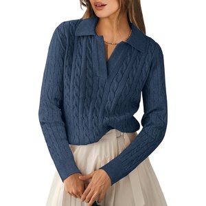 image:imageANRABESS Womens Cable Knit Sweaters Long Sleeve V Neck  Pullover Collared Sweater Tops Polo Knit Shirts Business Casual Work Tennis Golf Fall Winter Fashion OutfitsDeep Blue