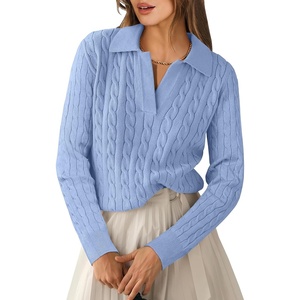 image:imageANRABESS Womens Cable Knit Sweaters Long Sleeve V Neck  Pullover Collared Sweater Tops Polo Knit Shirts Business Casual Work Tennis Golf Fall Winter Fashion OutfitsSky