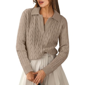 image:imageANRABESS Womens Cable Knit Sweaters Long Sleeve V Neck  Pullover Collared Sweater Tops Polo Knit Shirts Business Casual Work Tennis Golf Fall Winter Fashion OutfitsBright Tan