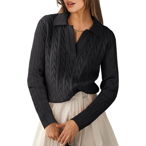 image:imageANRABESS Womens Cable Knit Sweaters Long Sleeve V Neck  Pullover Collared Sweater Tops Polo Knit Shirts Business Casual Work Tennis Golf Fall Winter Fashion OutfitsBlack