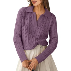 image:imageANRABESS Womens Cable Knit Sweaters Long Sleeve V Neck  Pullover Collared Sweater Tops Polo Knit Shirts Business Casual Work Tennis Golf Fall Winter Fashion OutfitsPurple