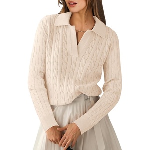 image:imageANRABESS Womens Cable Knit Sweaters Long Sleeve V Neck  Pullover Collared Sweater Tops Polo Knit Shirts Business Casual Work Tennis Golf Fall Winter Fashion OutfitsParchment Beige