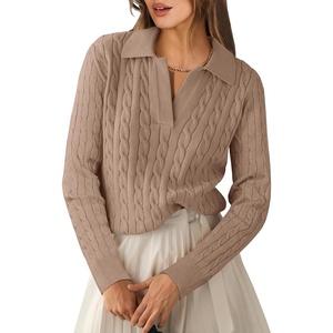 image:imageANRABESS Womens Cable Knit Sweaters Long Sleeve V Neck  Pullover Collared Sweater Tops Polo Knit Shirts Business Casual Work Tennis Golf Fall Winter Fashion OutfitsKhaki