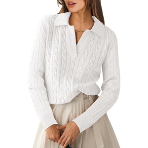 image:imageANRABESS Womens Cable Knit Sweaters Long Sleeve V Neck  Pullover Collared Sweater Tops Polo Knit Shirts Business Casual Work Tennis Golf Fall Winter Fashion OutfitsWhite