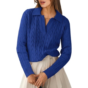 image:imageANRABESS Womens Cable Knit Sweaters Long Sleeve V Neck  Pullover Collared Sweater Tops Polo Knit Shirts Business Casual Work Tennis Golf Fall Winter Fashion OutfitsRoyal Blue