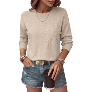 image:imageANRABESS Womens Long Sleeve Crewneck Flower Sweater Knit Top  3D Floral Applique Embroidered Pullover Drop Shoulder Ribbed Trim Soft Cozy Fall Winter Sweaters for Casual Work HolidayBeige