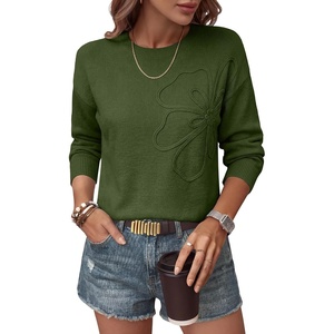 image:imageANRABESS Womens Long Sleeve Crewneck Flower Sweater Knit Top  3D Floral Applique Embroidered Pullover Drop Shoulder Ribbed Trim Soft Cozy Fall Winter Sweaters for Casual Work HolidayArmy Green