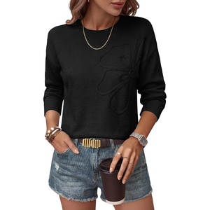 image:imageANRABESS Womens Long Sleeve Crewneck Flower Sweater Knit Top  3D Floral Applique Embroidered Pullover Drop Shoulder Ribbed Trim Soft Cozy Fall Winter Sweaters for Casual Work HolidayBlack