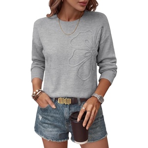 image:imageANRABESS Womens Long Sleeve Crewneck Flower Sweater Knit Top  3D Floral Applique Embroidered Pullover Drop Shoulder Ribbed Trim Soft Cozy Fall Winter Sweaters for Casual Work HolidayGrey