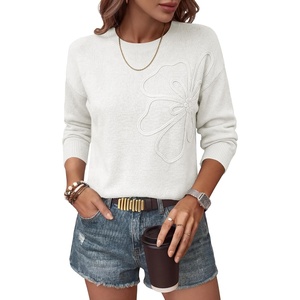 image:imageANRABESS Womens Long Sleeve Crewneck Flower Sweater Knit Top  3D Floral Applique Embroidered Pullover Drop Shoulder Ribbed Trim Soft Cozy Fall Winter Sweaters for Casual Work HolidayWhite