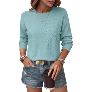 image:imageANRABESS Womens Long Sleeve Crewneck Flower Sweater Knit Top  3D Floral Applique Embroidered Pullover Drop Shoulder Ribbed Trim Soft Cozy Fall Winter Sweaters for Casual Work HolidayBlue