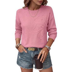 image:imageANRABESS Womens Long Sleeve Crewneck Flower Sweater Knit Top  3D Floral Applique Embroidered Pullover Drop Shoulder Ribbed Trim Soft Cozy Fall Winter Sweaters for Casual Work HolidayPink