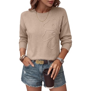 image:imageANRABESS Womens Long Sleeve Crewneck Flower Sweater Knit Top  3D Floral Applique Embroidered Pullover Drop Shoulder Ribbed Trim Soft Cozy Fall Winter Sweaters for Casual Work HolidayKhaki
