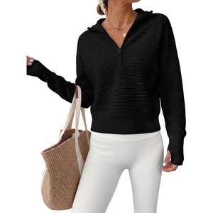 image:imageANRABESS Womens Long Sleeve Quarter Zip Cropped Sweater  V Neck Collared Thumb Holes Soft Ribbed Knit Pullover Top with Leggings Work Business CasualTravelFall Spring TransitionBlack