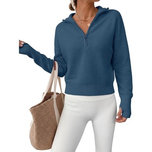 image:imageANRABESS Womens Long Sleeve Quarter Zip Cropped Sweater  V Neck Collared Thumb Holes Soft Ribbed Knit Pullover Top with Leggings Work Business CasualTravelFall Spring TransitionDeep Blue