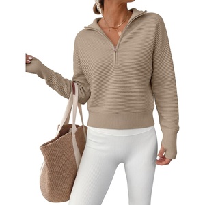 image:imageANRABESS Womens Long Sleeve Quarter Zip Cropped Sweater  V Neck Collared Thumb Holes Soft Ribbed Knit Pullover Top with Leggings Work Business CasualTravelFall Spring TransitionBright Tan