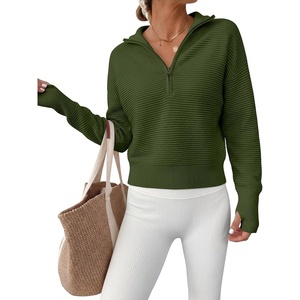 image:imageANRABESS Womens Long Sleeve Quarter Zip Cropped Sweater  V Neck Collared Thumb Holes Soft Ribbed Knit Pullover Top with Leggings Work Business CasualTravelFall Spring TransitionArmy Green
