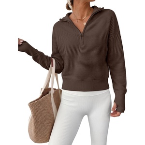 image:imageANRABESS Womens Long Sleeve Quarter Zip Cropped Sweater  V Neck Collared Thumb Holes Soft Ribbed Knit Pullover Top with Leggings Work Business CasualTravelFall Spring TransitionChocola