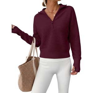 image:imageANRABESS Womens Long Sleeve Quarter Zip Cropped Sweater  V Neck Collared Thumb Holes Soft Ribbed Knit Pullover Top with Leggings Work Business CasualTravelFall Spring TransitionWine Red