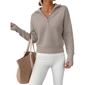 image:imageANRABESS Womens Long Sleeve Quarter Zip Cropped Sweater  V Neck Collared Thumb Holes Soft Ribbed Knit Pullover Top with Leggings Work Business CasualTravelFall Spring TransitionGrey Khaki