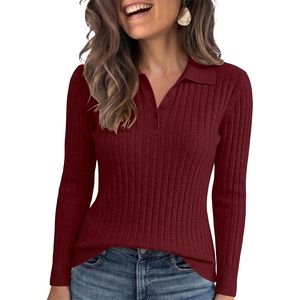 image:imageANRABESS Womens Polo V Neck Long Sleeve Pullover Sweaters  Soft Stretchy Ribbed Knit Shirts Lightweight Comfort  Business Casual Dressy Classic Top Fall Winter OutfitsRed