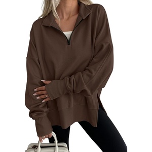 image:imageANRABESS Womens Quarter Zip Pullover Oversized Sweatshirts  Long Sleeve V Neck Zip Up Collared Top Soft Loose Side Slit Hoodie Casual Going Out Athleisure Outfits Fall Winter ClothesCoffee