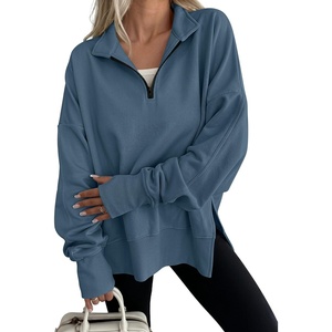 image:imageANRABESS Womens Quarter Zip Pullover Oversized Sweatshirts  Long Sleeve V Neck Zip Up Collared Top Soft Loose Side Slit Hoodie Casual Going Out Athleisure Outfits Fall Winter ClothesGrey Blue